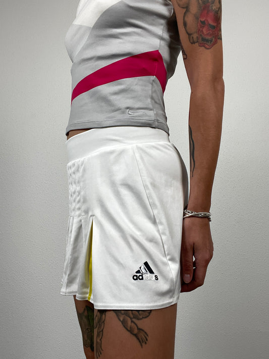 Y2K White Adidas Tennis Skirt with Yellow Pleat Detail