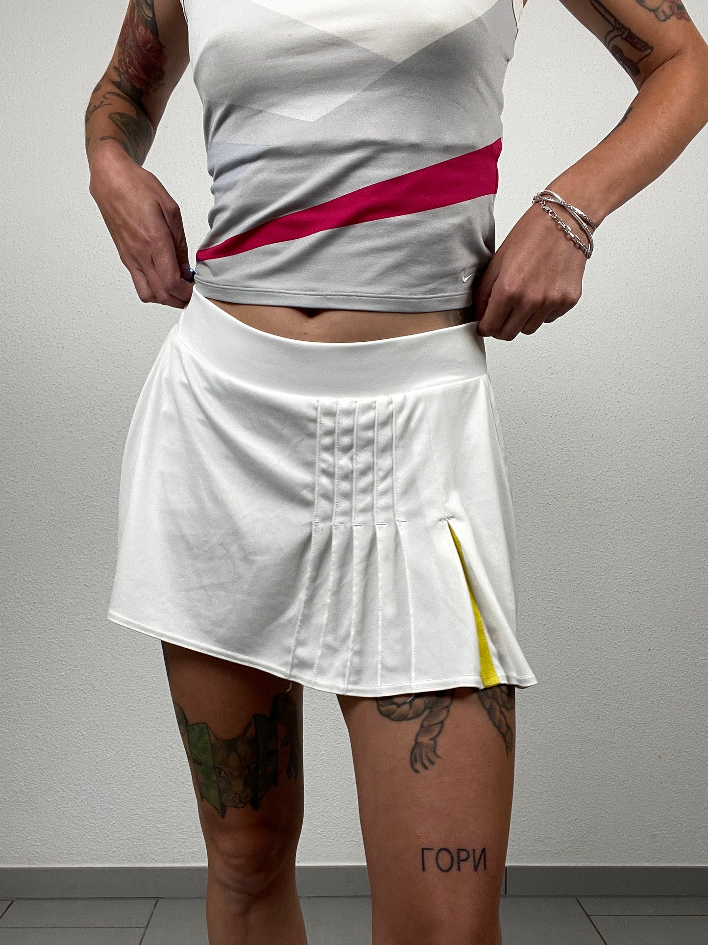 Y2K White Adidas Tennis Skirt with Yellow Pleat Detail