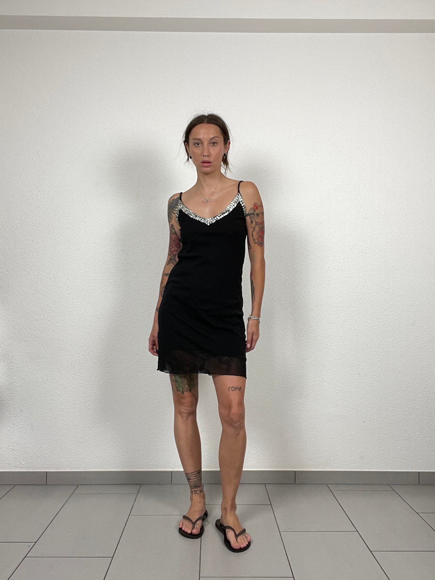 Y2K Black Mini Slip Dress with Sequin Detail