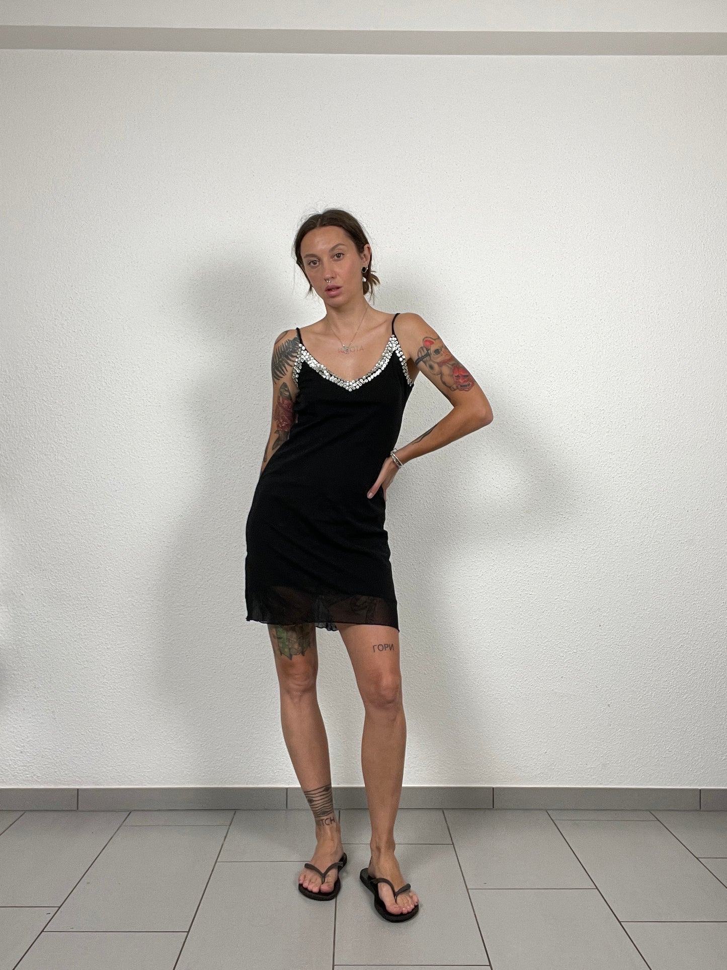 Y2K Black Mini Slip Dress with Sequin Detail