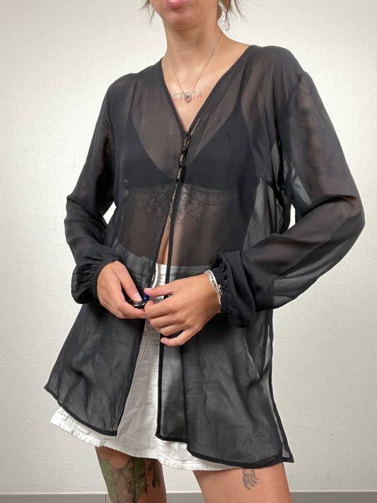 Y2K Sheer Black Silk Hook-Front Blouse