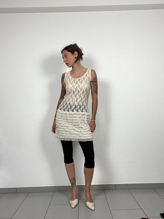 Y2K Cream Lace & Ruffle Mini Dress