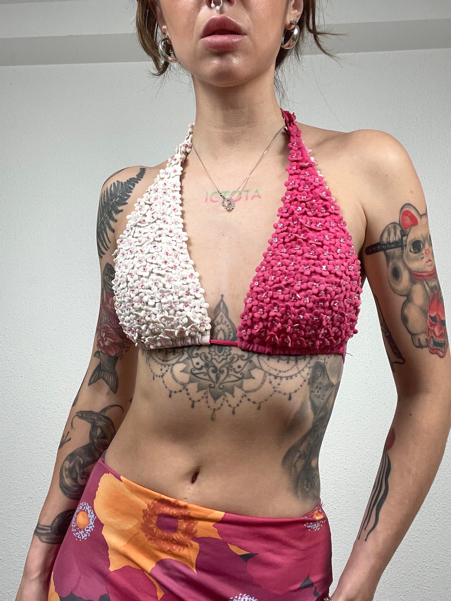 Pink White Bikini Top by Roe