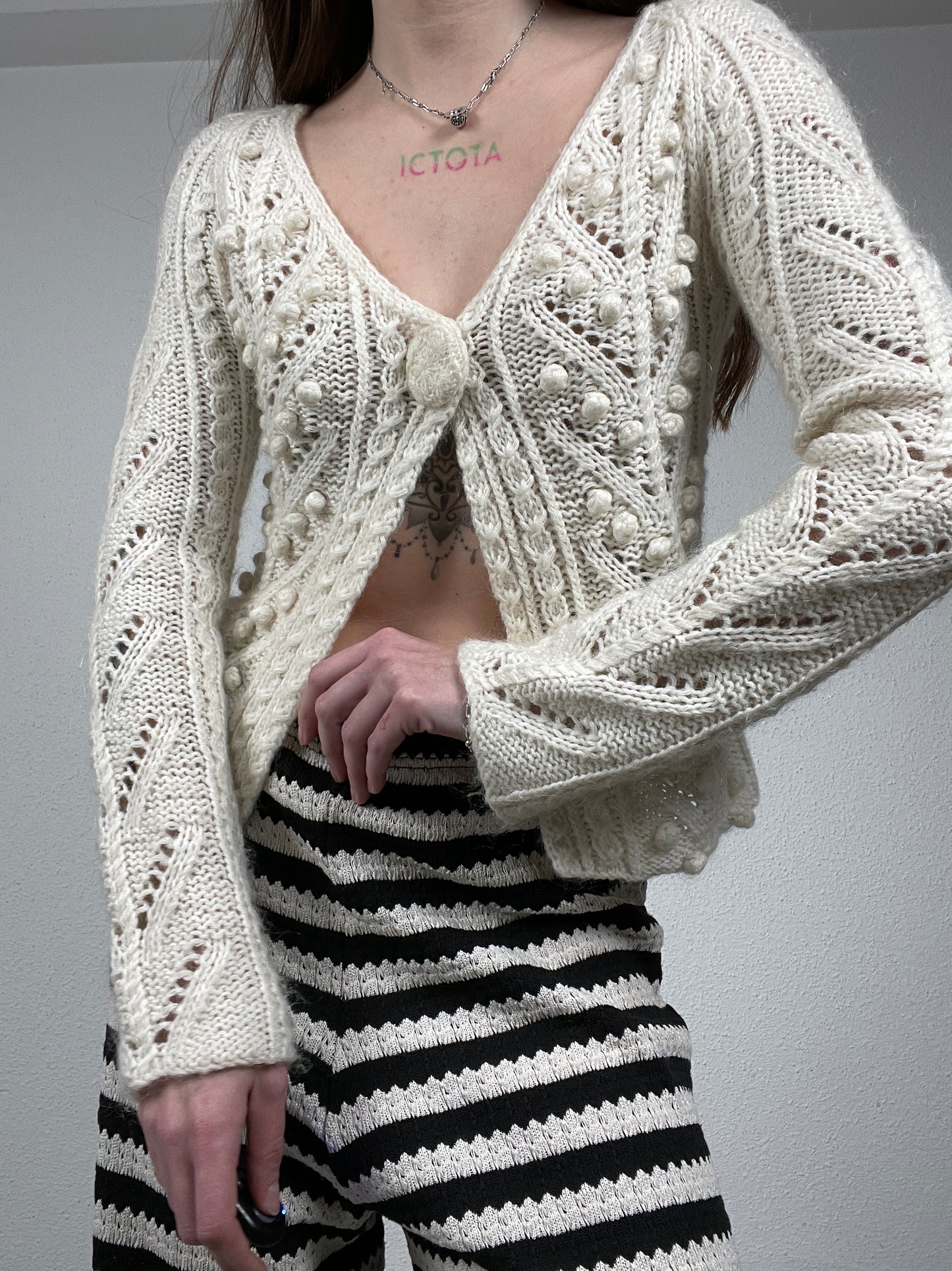 2000s Cream Hand-Knit Cardigan with Bobble Knit Details