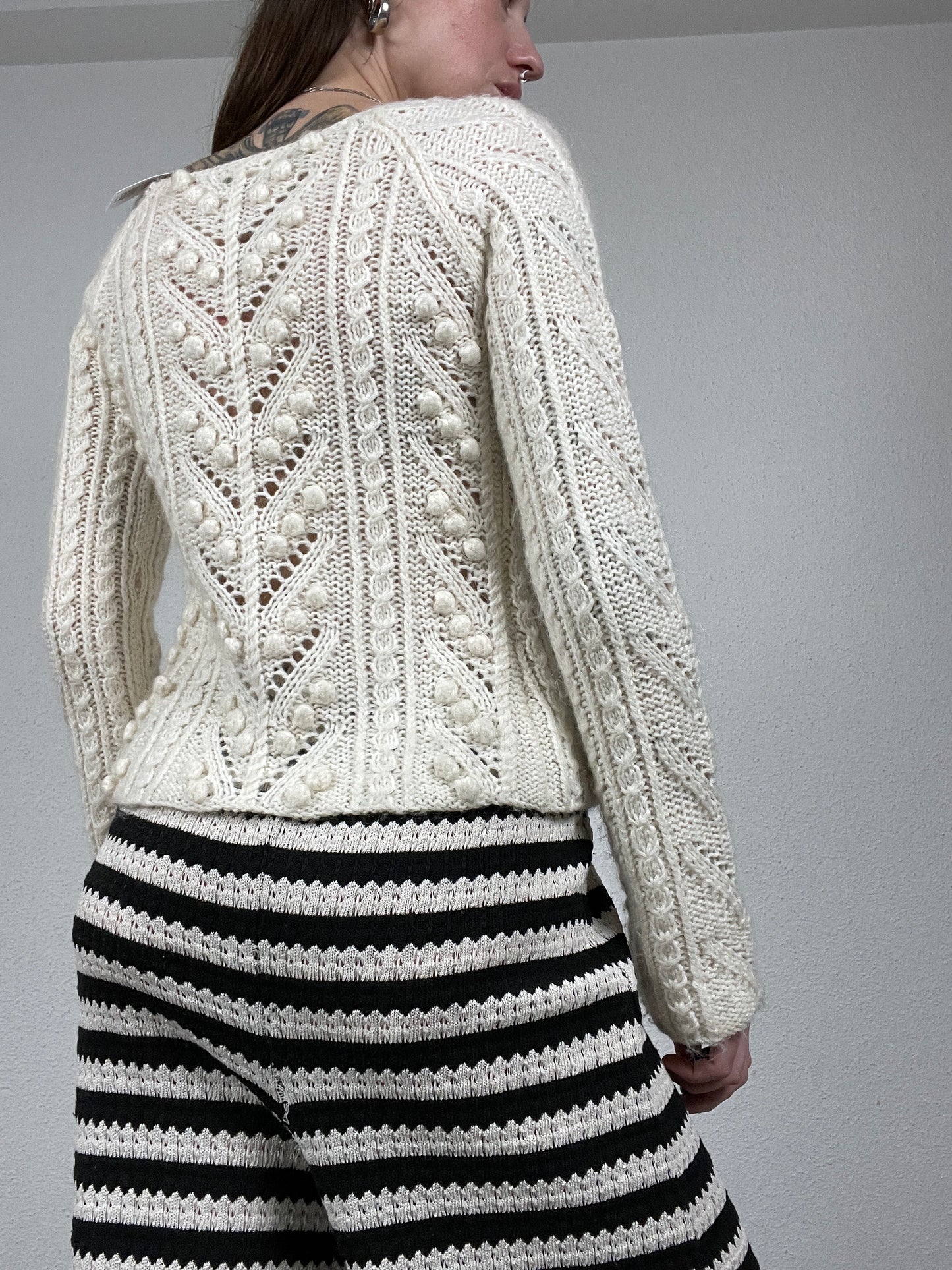 2000s Cream Hand-Knit Cardigan with Bobble Knit Details