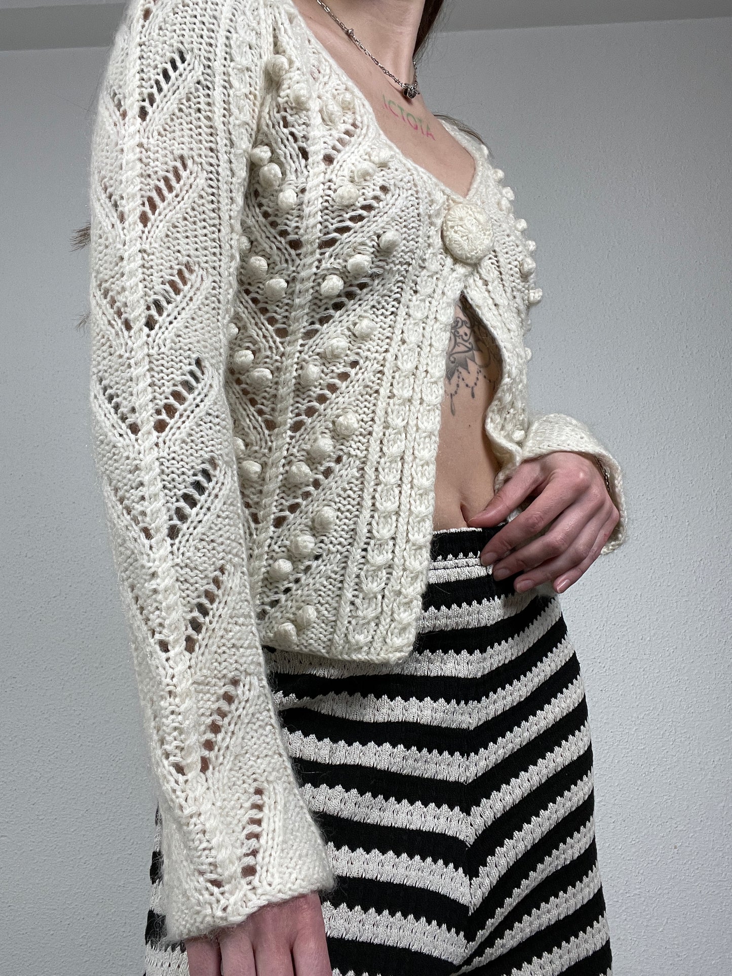 2000s Cream Hand-Knit Cardigan with Bobble Knit Details