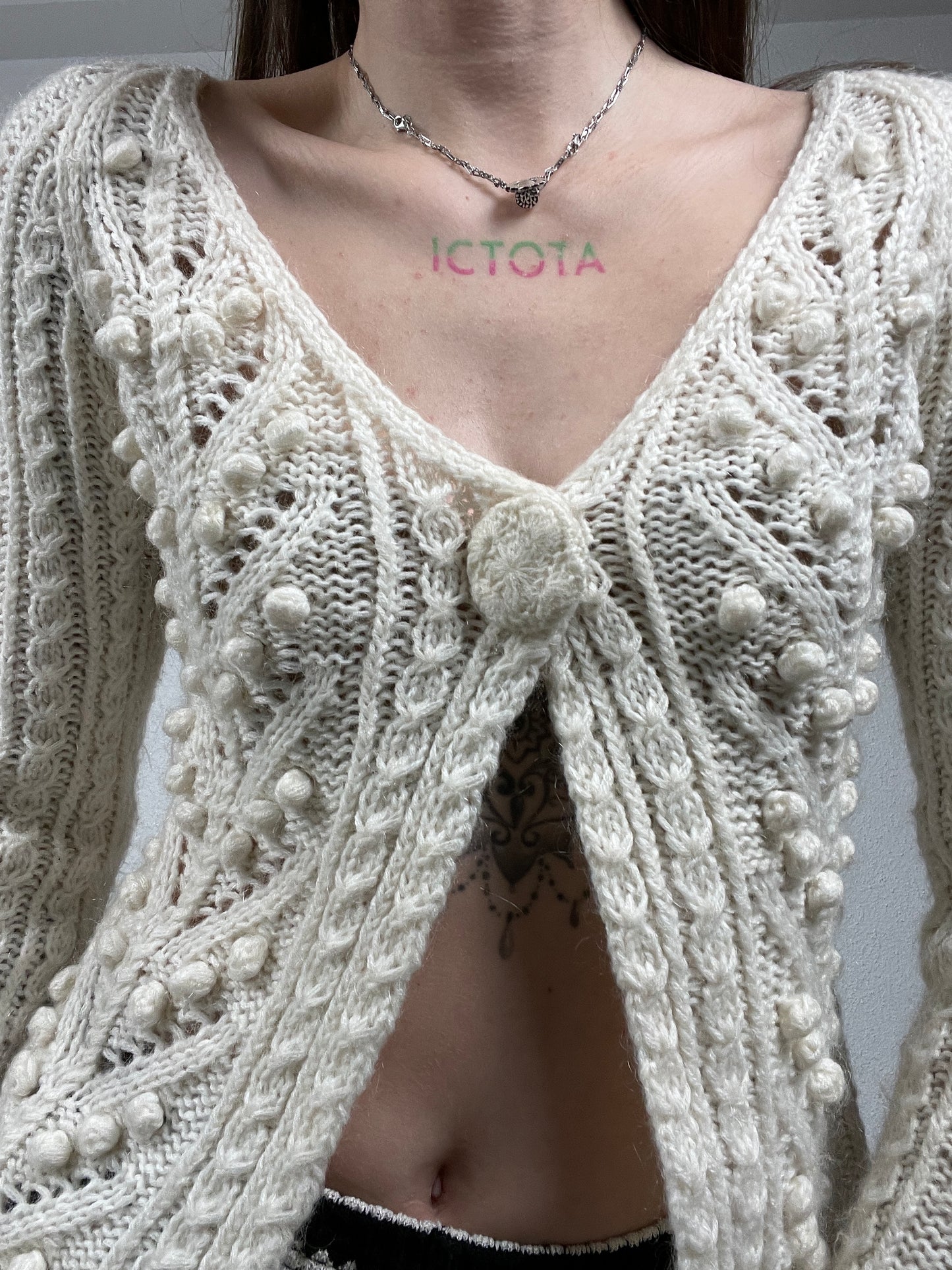 2000s Cream Hand-Knit Cardigan with Bobble Knit Details