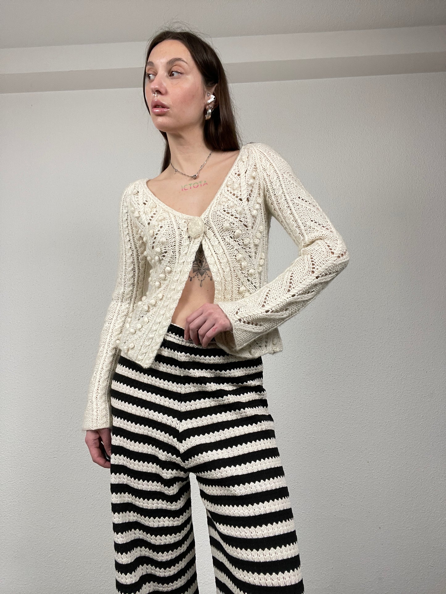 2000s Cream Hand-Knit Cardigan with Bobble Knit Details