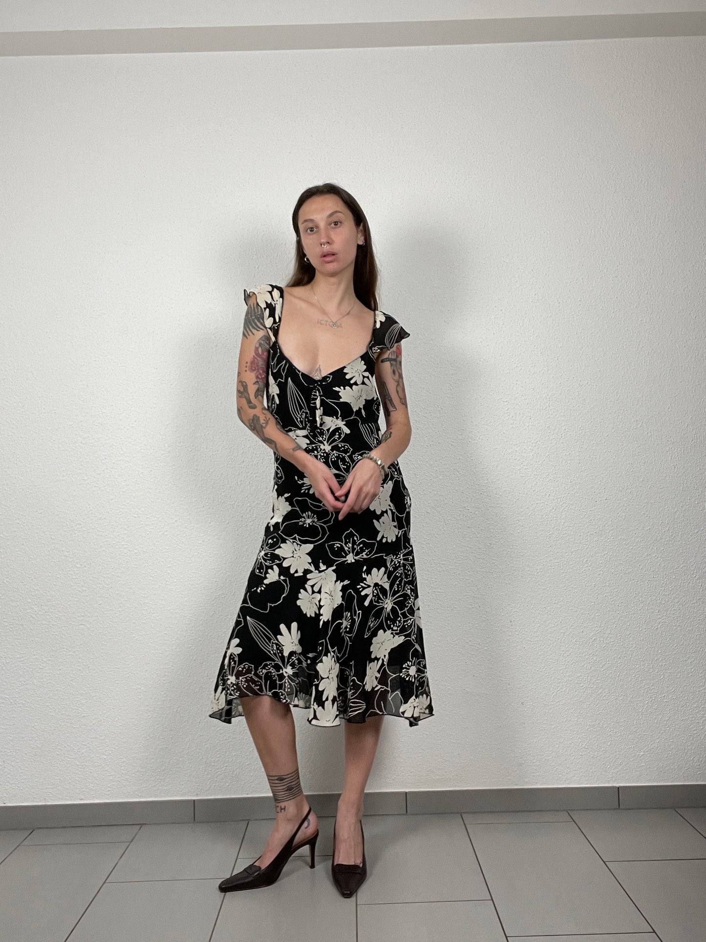 Y2K Black & White Floral Midi Dress