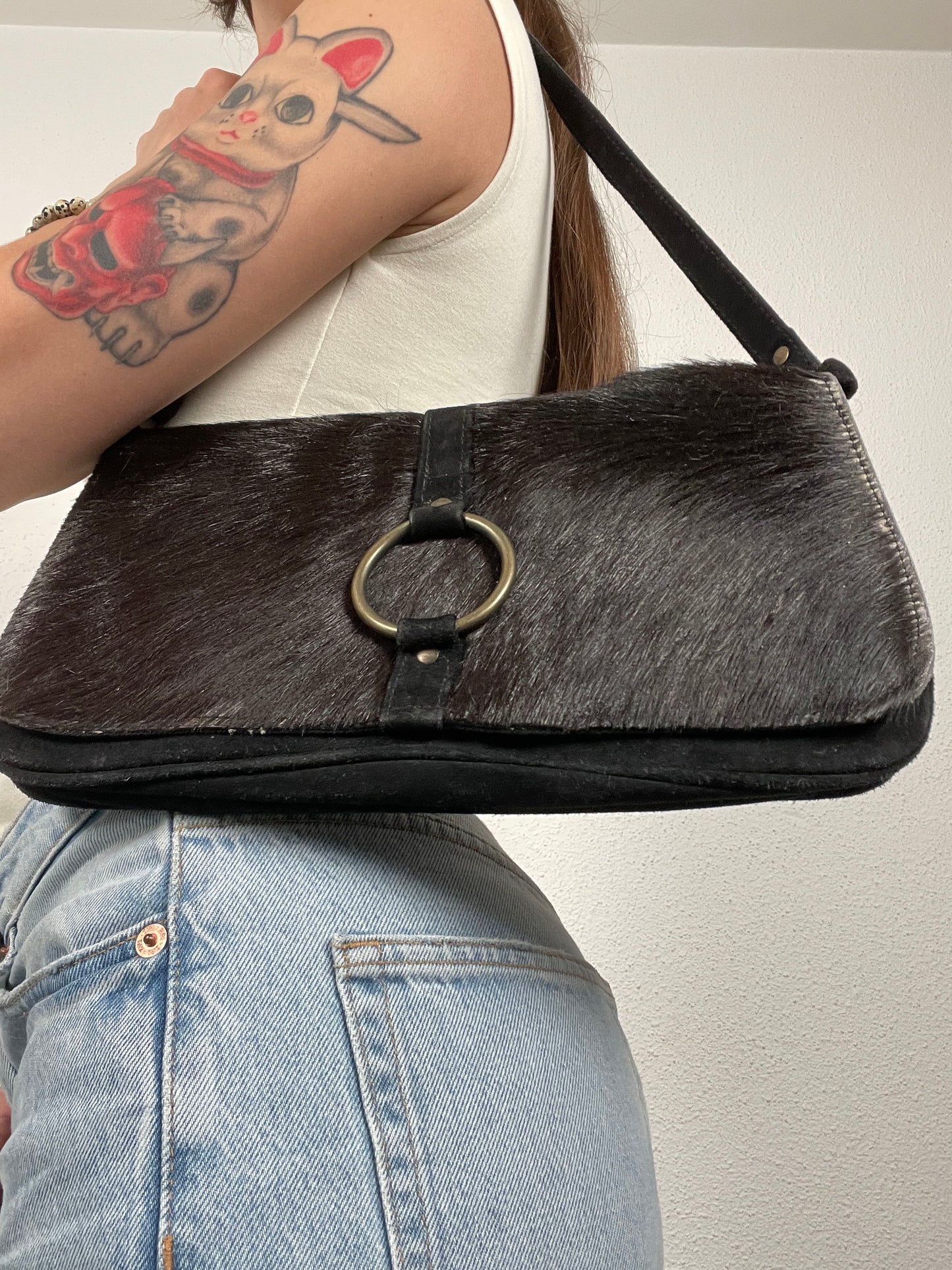 Vintage Black Haircalf Shoulder Bag