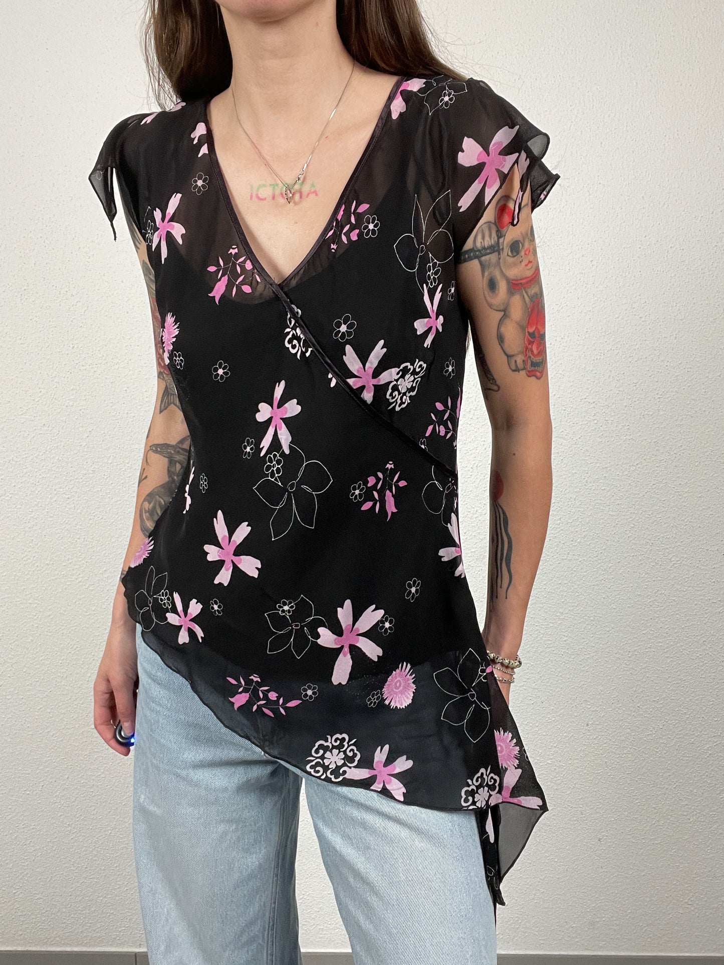 Y2K Black Asymmetrical Floral Top
