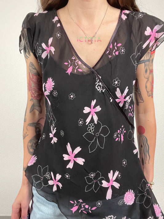Y2K Black Asymmetrical Floral Top