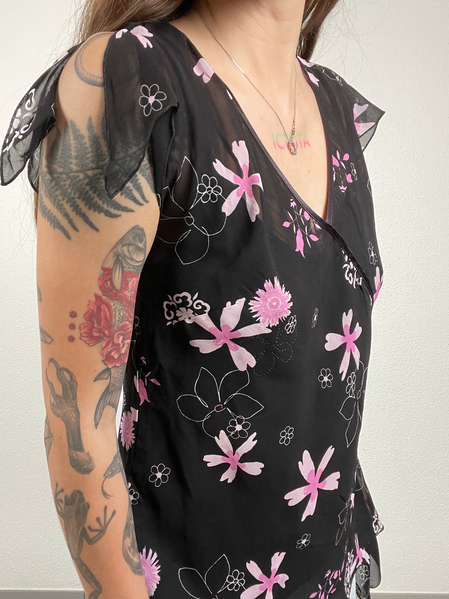 Y2K Black Asymmetrical Floral Top