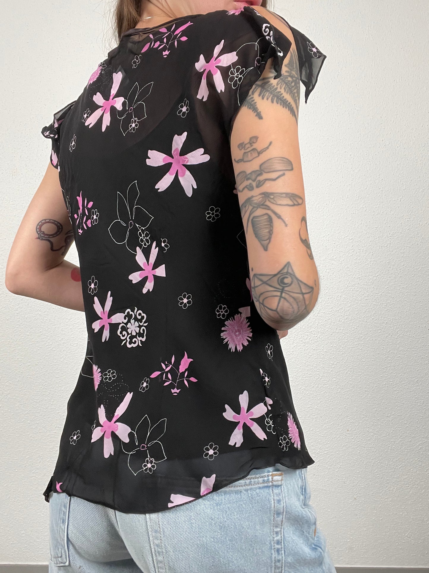 Y2K Black Asymmetrical Floral Top