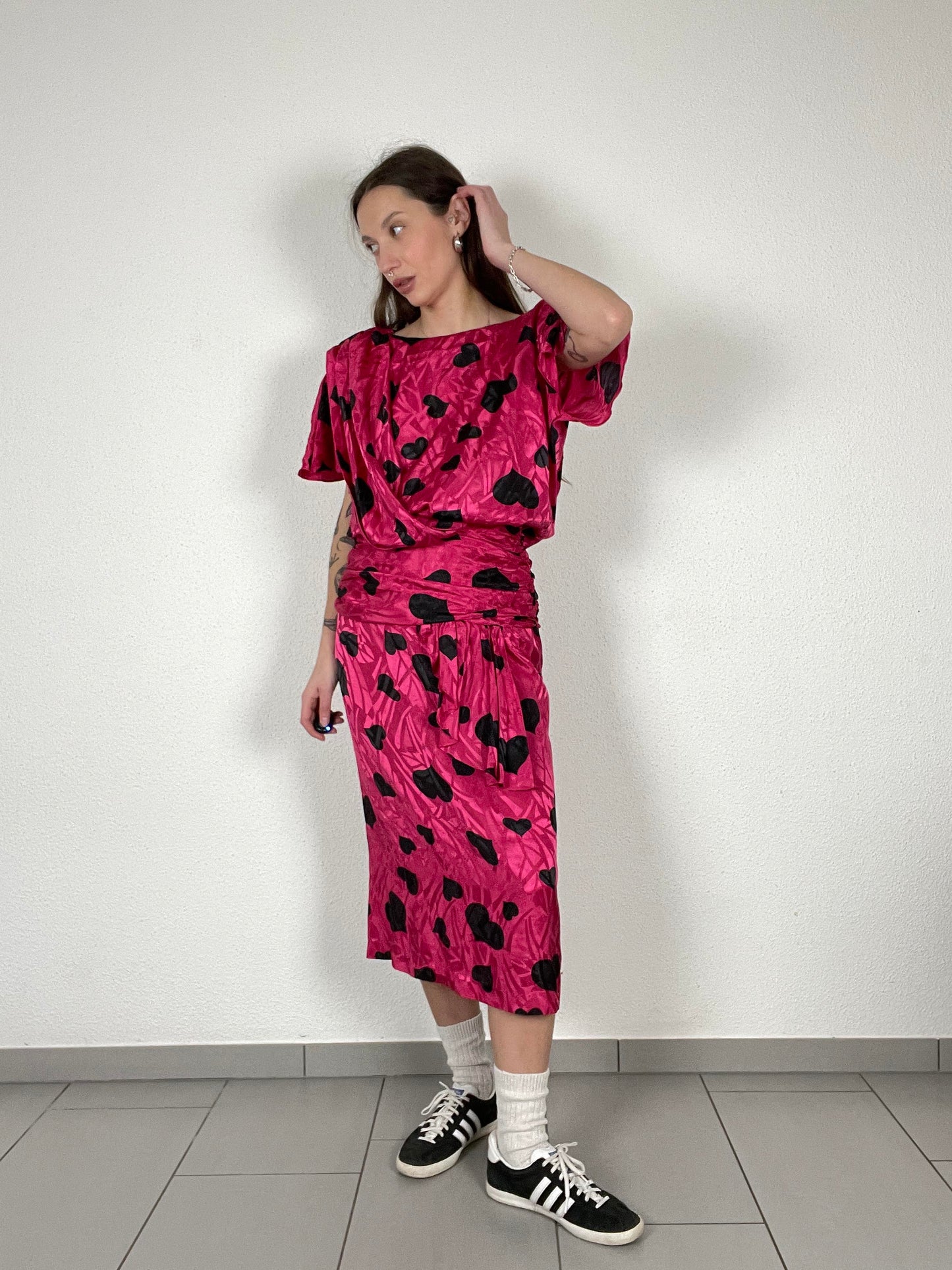 Vintage 80s Heart Print Midi Pink Dress
