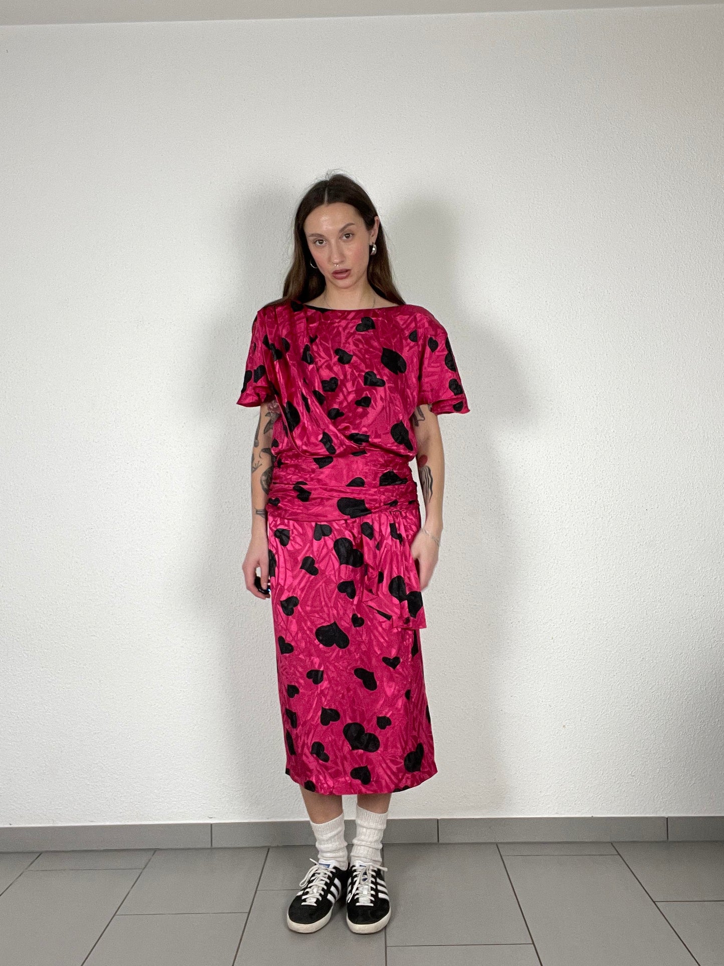 Vintage 80s Heart Print Midi Pink Dress