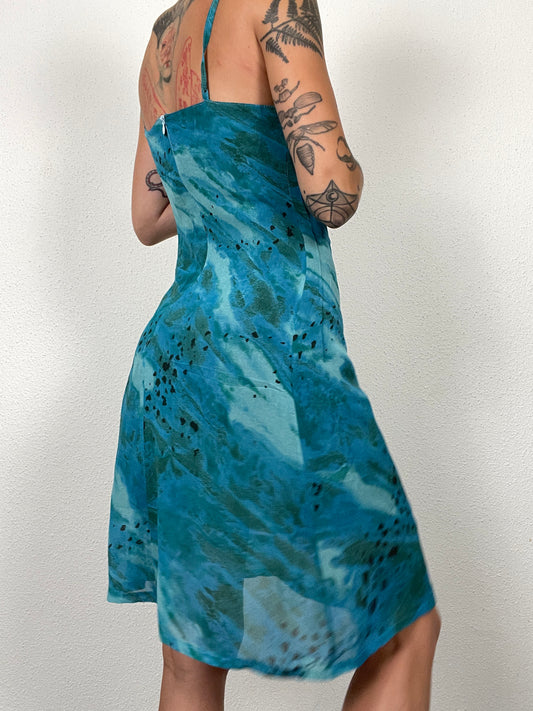Late 90s / Y2K Teal Blue Printed Slip Dress
