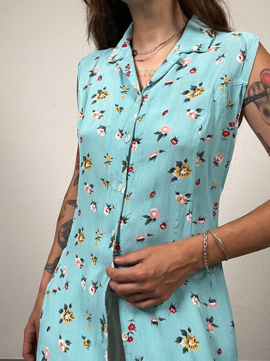 Aqua Blue Sleeveless Shirt Dress