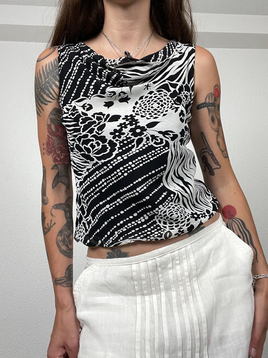 Y2K Black & White Patterned Sleeveless Top