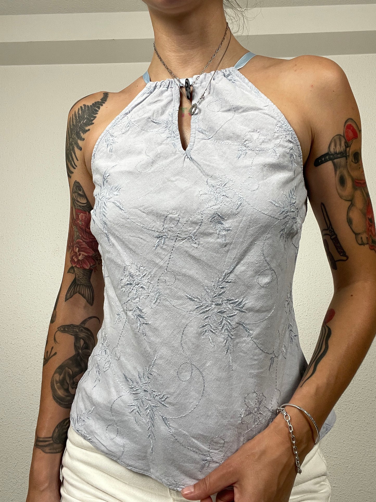Y2K Pale Blue Embroidered Halter Top