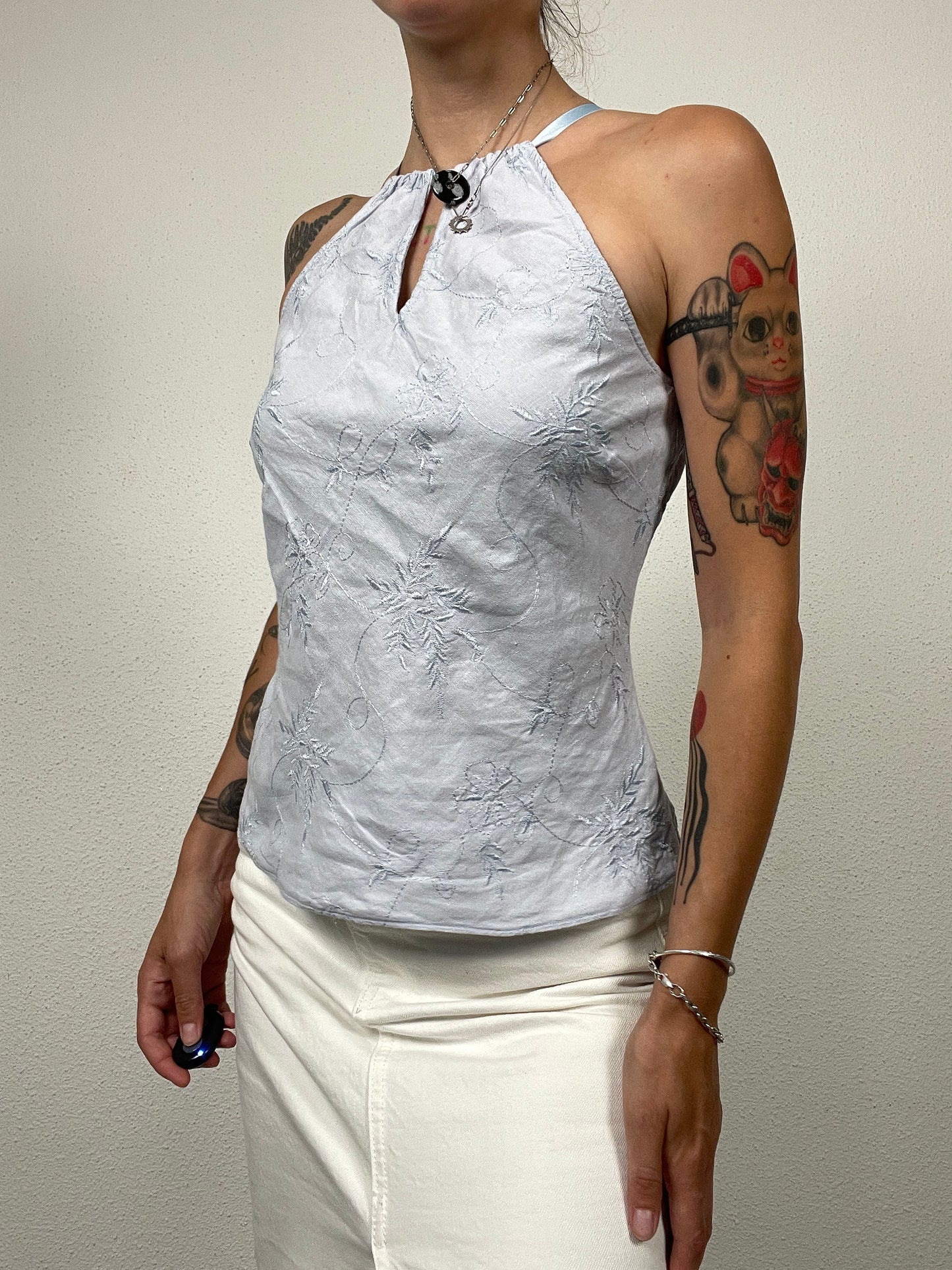 Y2K Pale Blue Embroidered Halter Top
