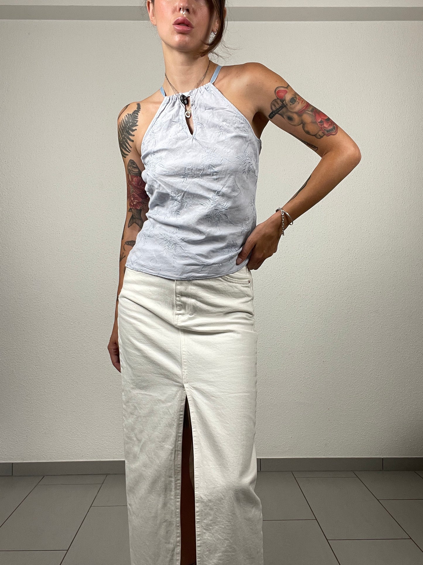 Y2K Pale Blue Embroidered Halter Top