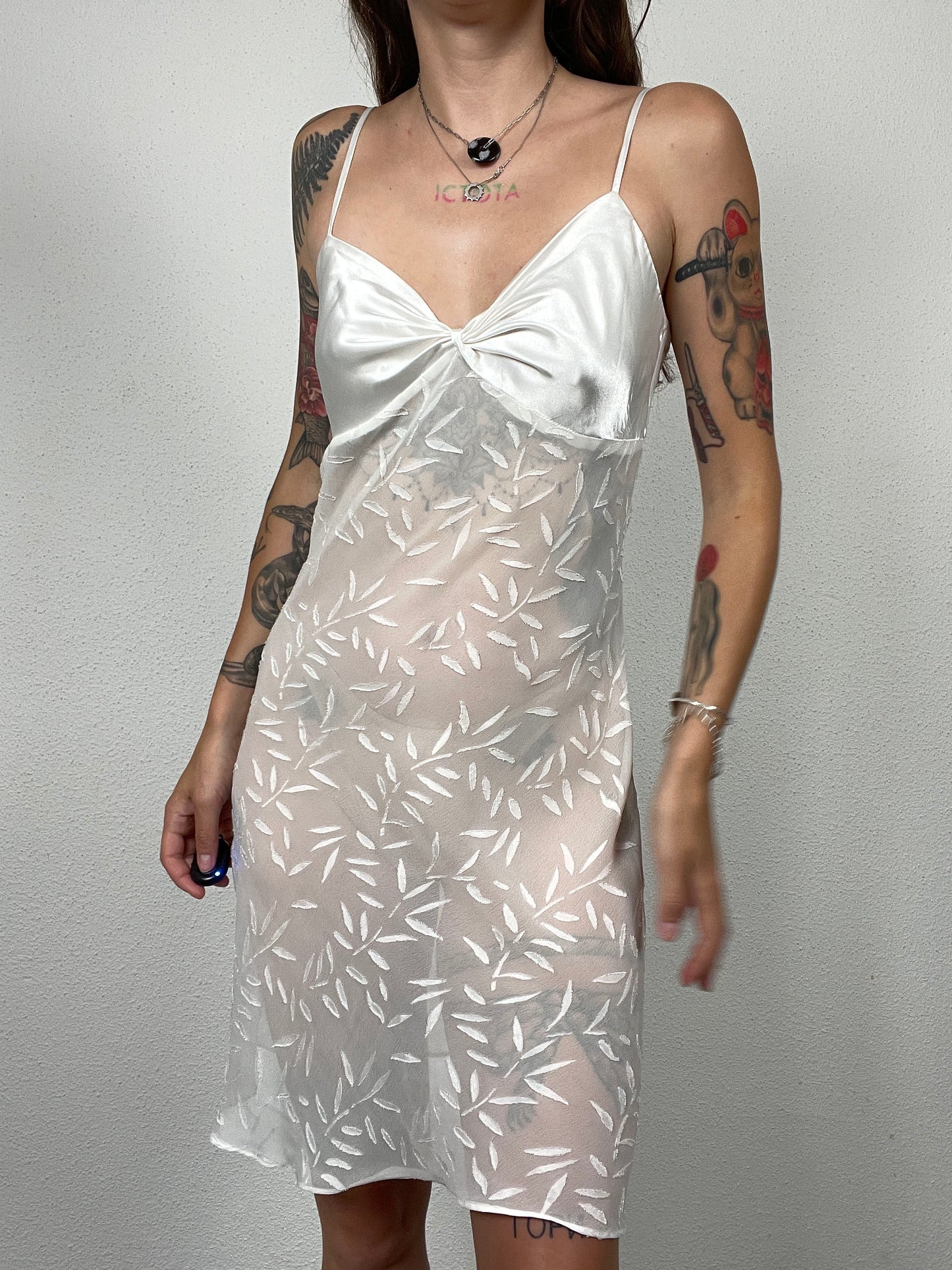 White Satin & Mesh Leaf Slip Dress