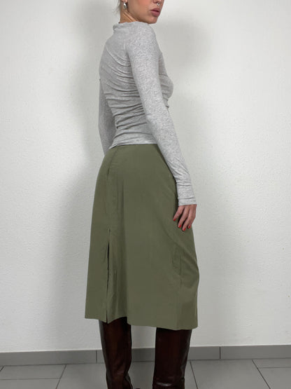 Vintage Bianca Olive Midi Skirt with Button Front – Size 38