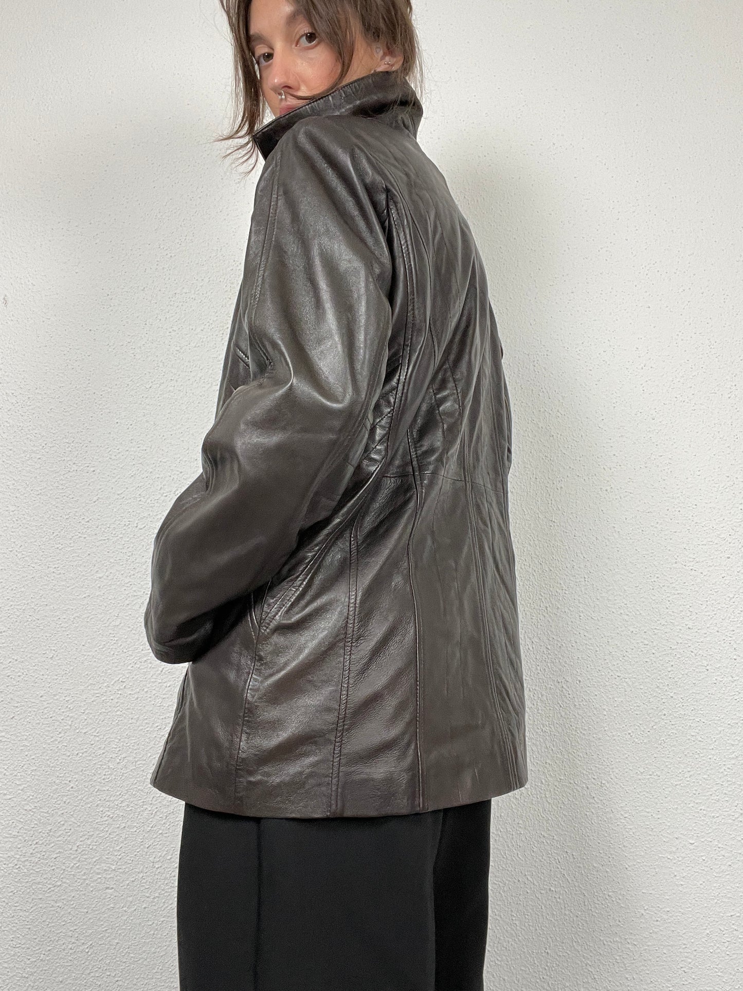 Vintage Y2K early 2000s dark brown leather jacket with stand collar
