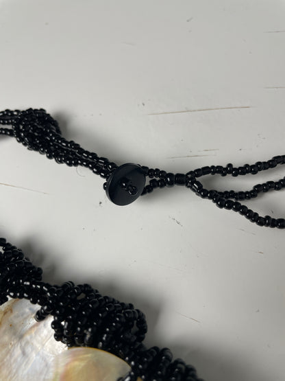 Vintage Black Beaded Necklace with Shell Discs