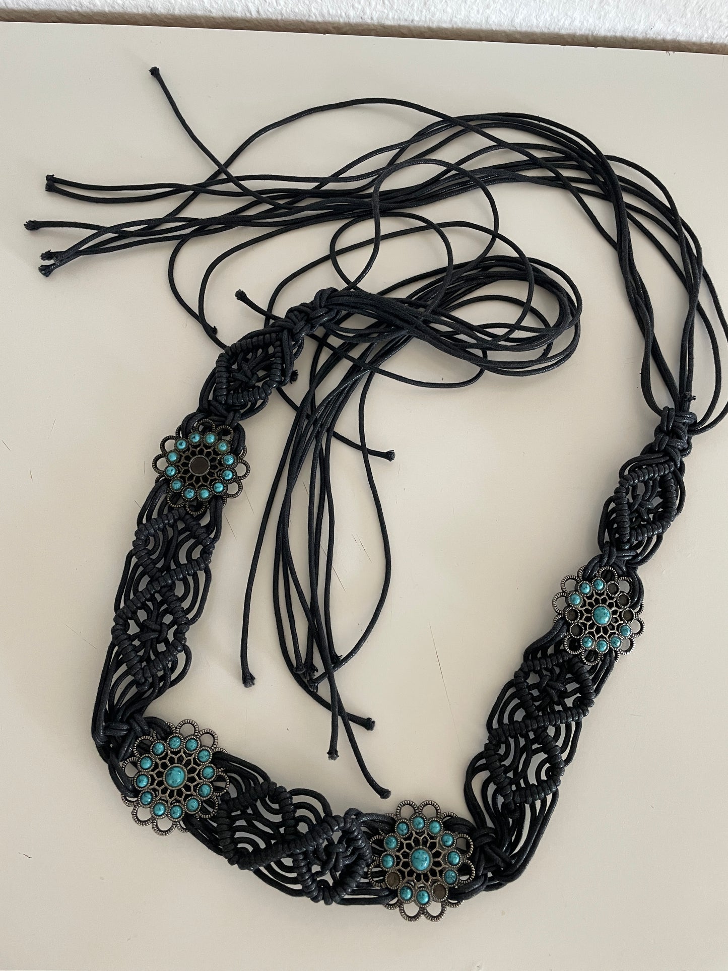 Boho macramé belt with turquoise-style medallions