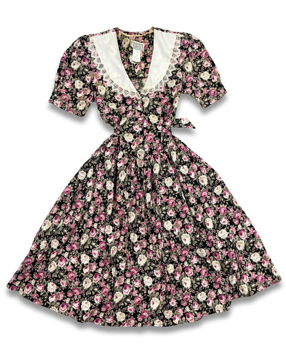 Vintage 80s Floral Midi Dress with Lace Collar