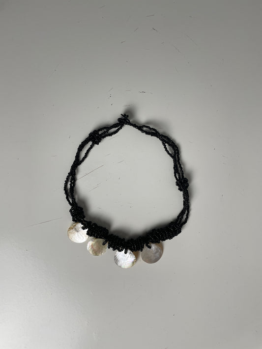 Vintage Black Beaded Necklace with Shell Discs