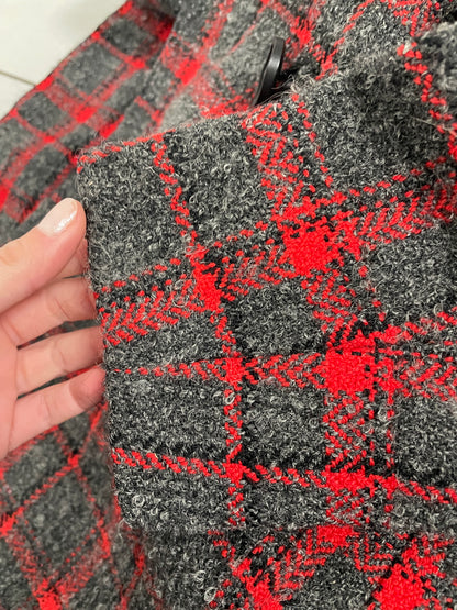 Vintage 1990s grey and red checkered wool coat with faux fur collar