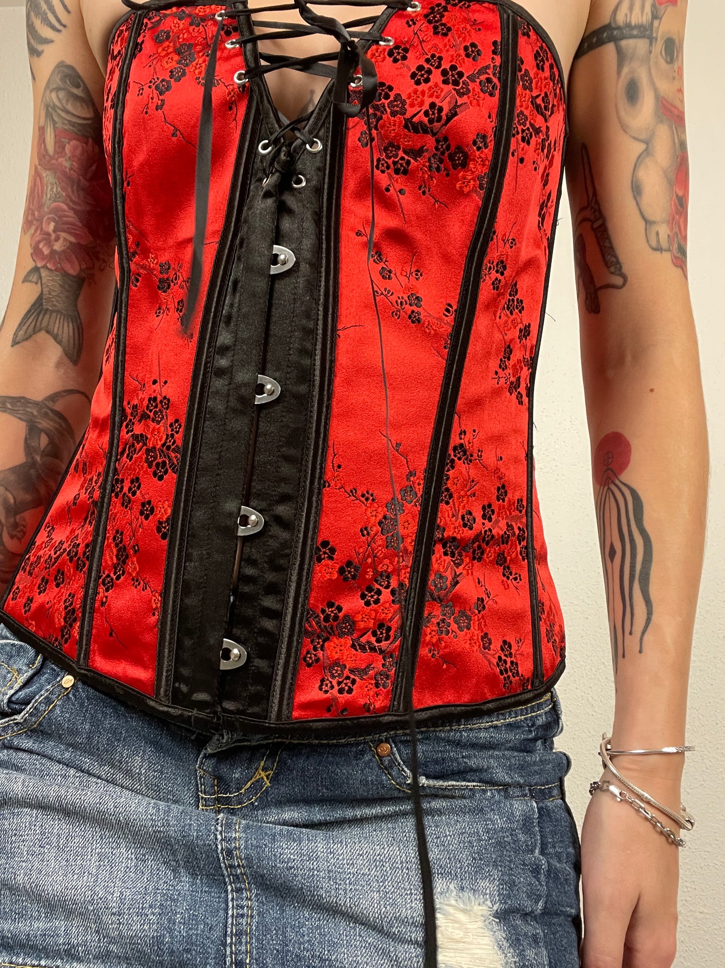 Red & black floral satin corset