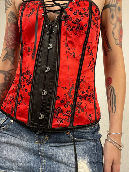 Red & black floral satin corset