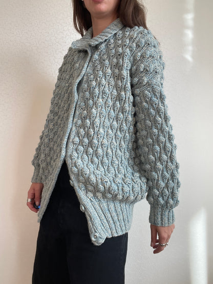 Vintage Chunky Knit Wool Cardigan – Textured Cable Pattern – Size M/L