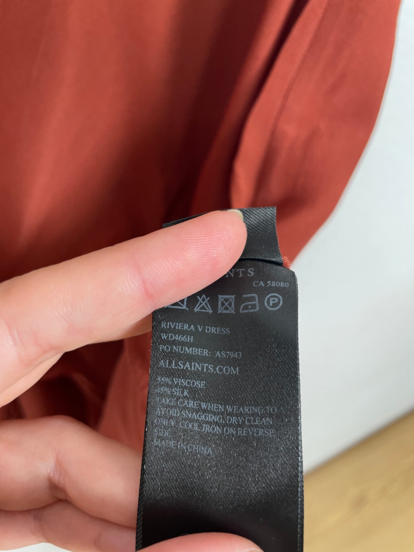 AllSaints Riviera V Dress in Rust Silk Blend