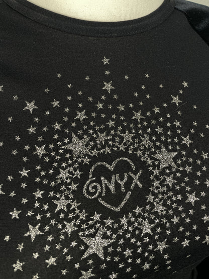 Y2K vintage ONYX Italian velvet-sleeve starburst top.