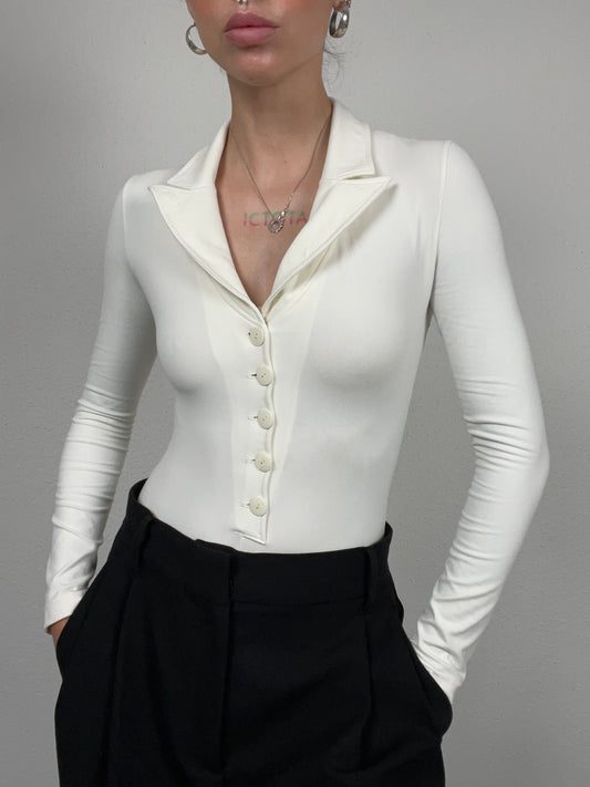 Vintage Anti-Flirt Paris Ivory Stretch Bodysuit with Collar – Size S