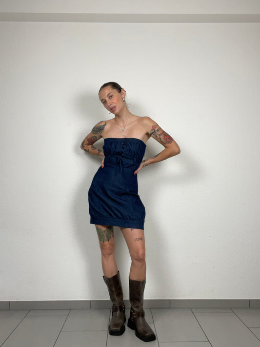 Vintage Y2K Strapless Denim Mini Dress with Belt – Size S