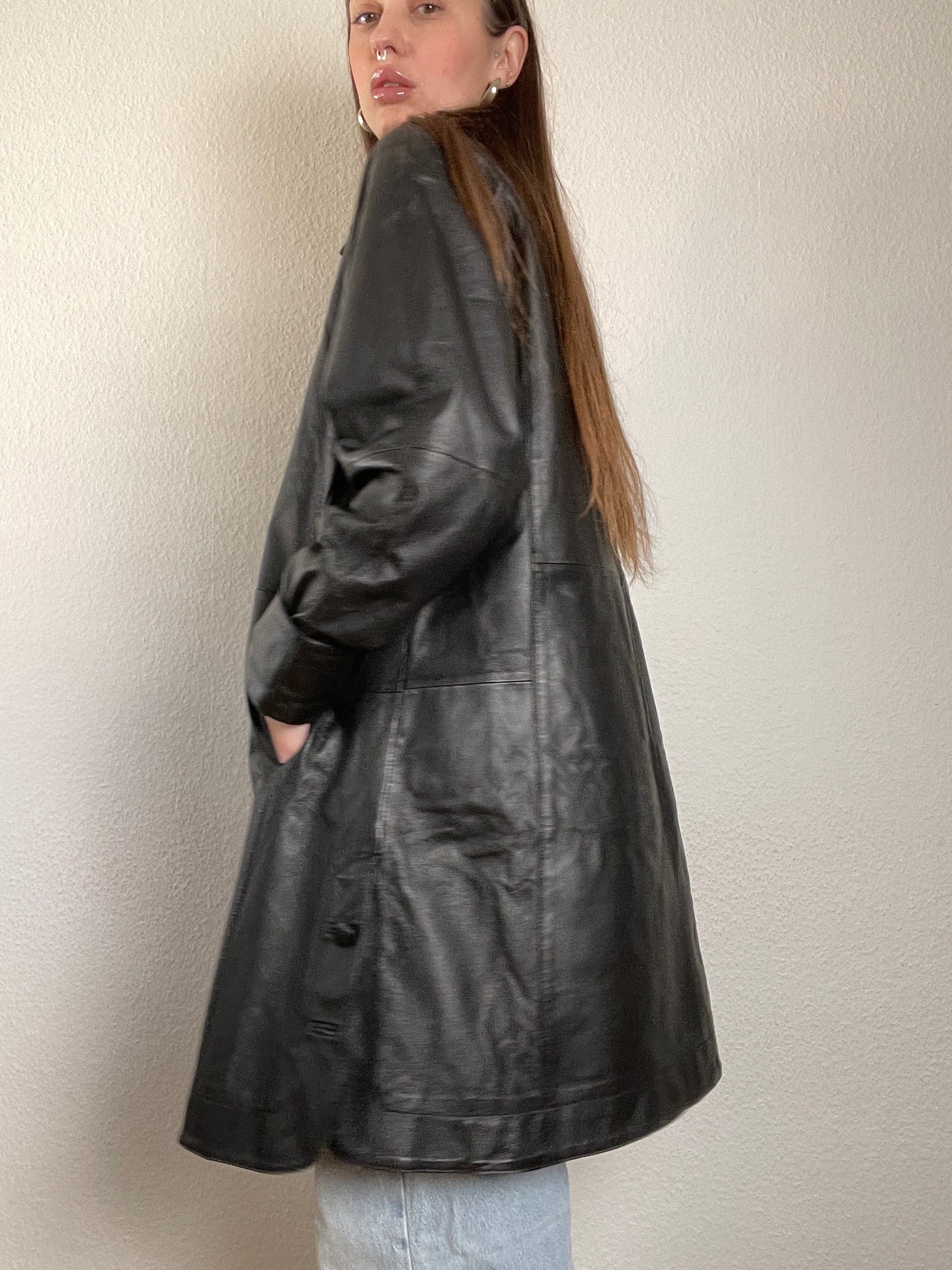Vintage 90s black leather trench coat