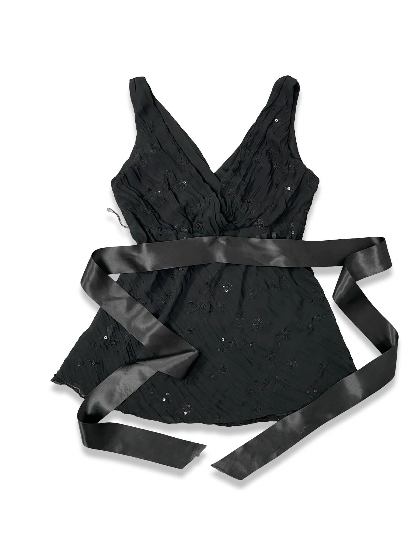 Vintage Y2K Black Embroidered Top with Satin Belt