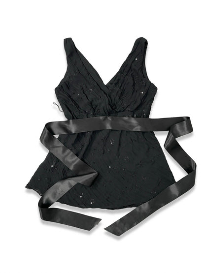 Vintage Y2K Black Embroidered Top with Satin Belt