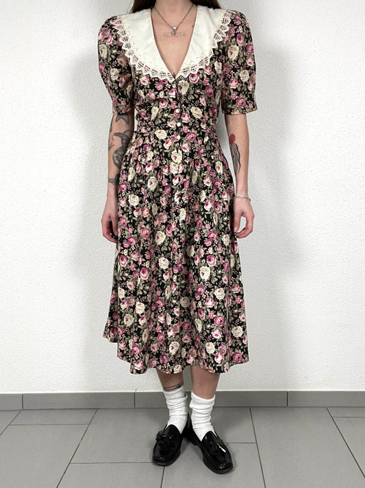 Vintage 80s Floral Midi Dress with Lace Collar