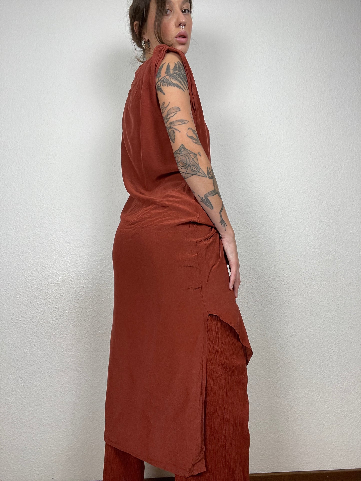 AllSaints Riviera V Dress in Rust Silk Blend