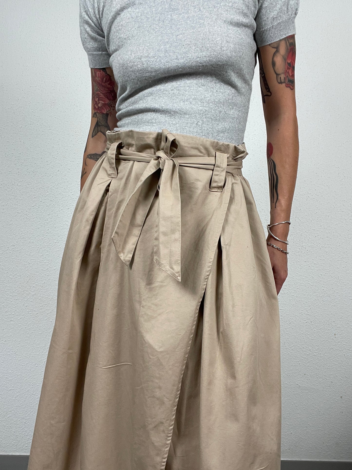 Vintage Beige Wrap Midi Skirt with Belt – Size M
