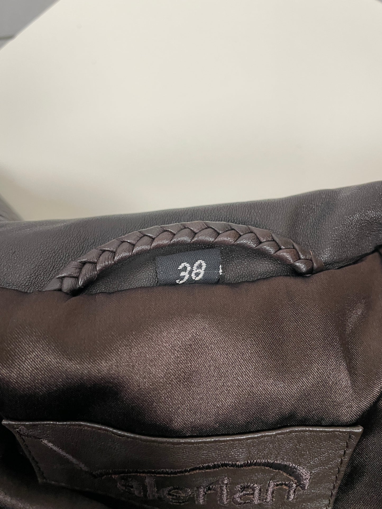 Vintage Y2K early 2000s dark brown leather jacket with stand collar