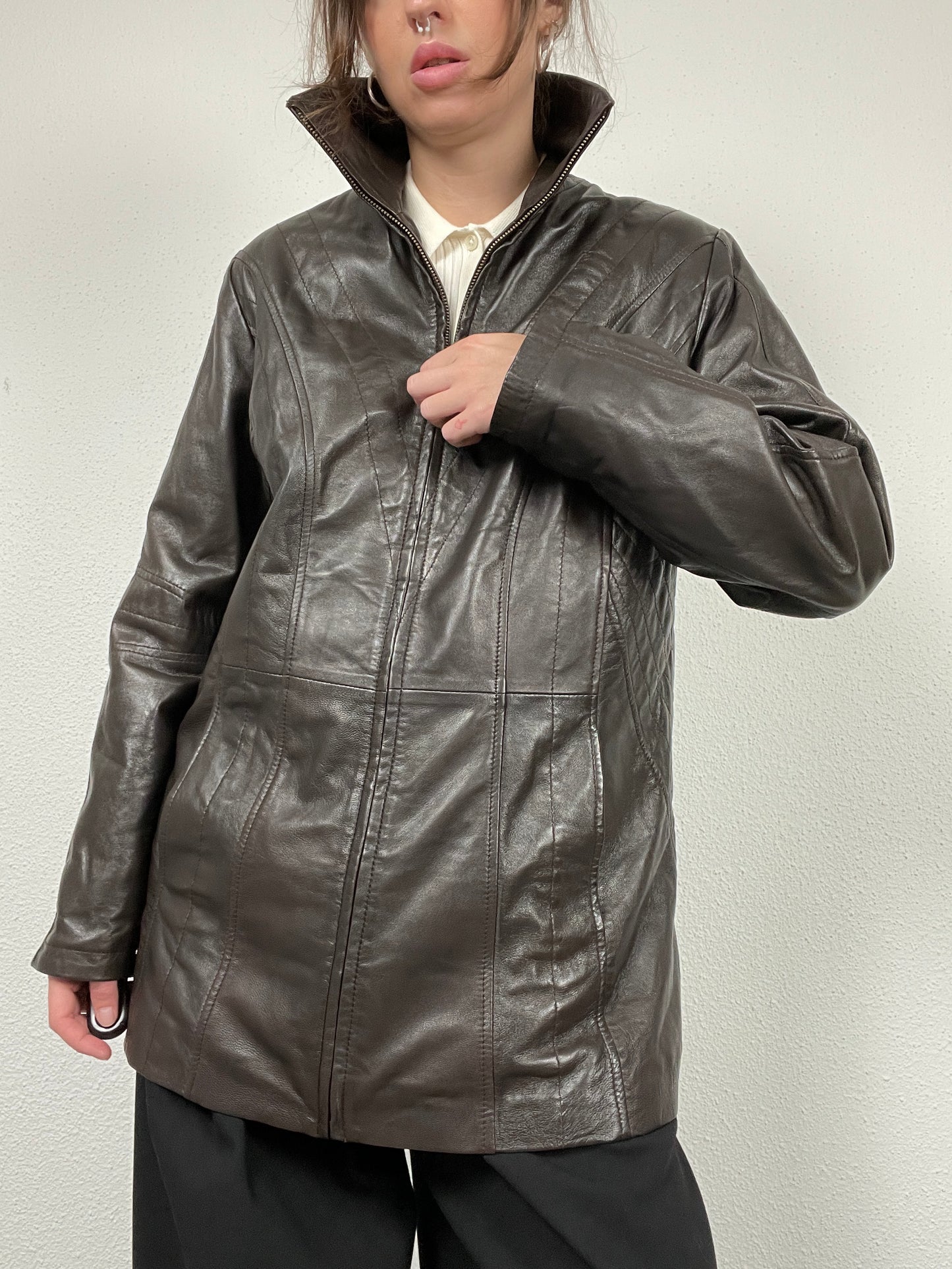 Vintage Y2K early 2000s dark brown leather jacket with stand collar