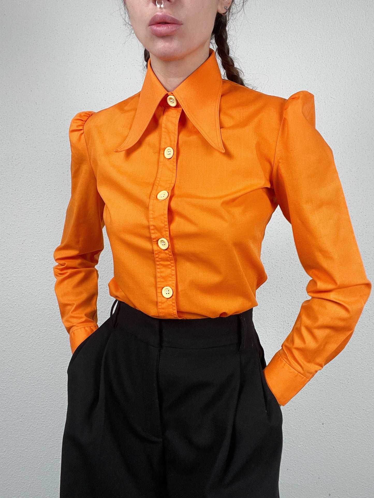 1970s bright orange statement-collar shirt (size XS)